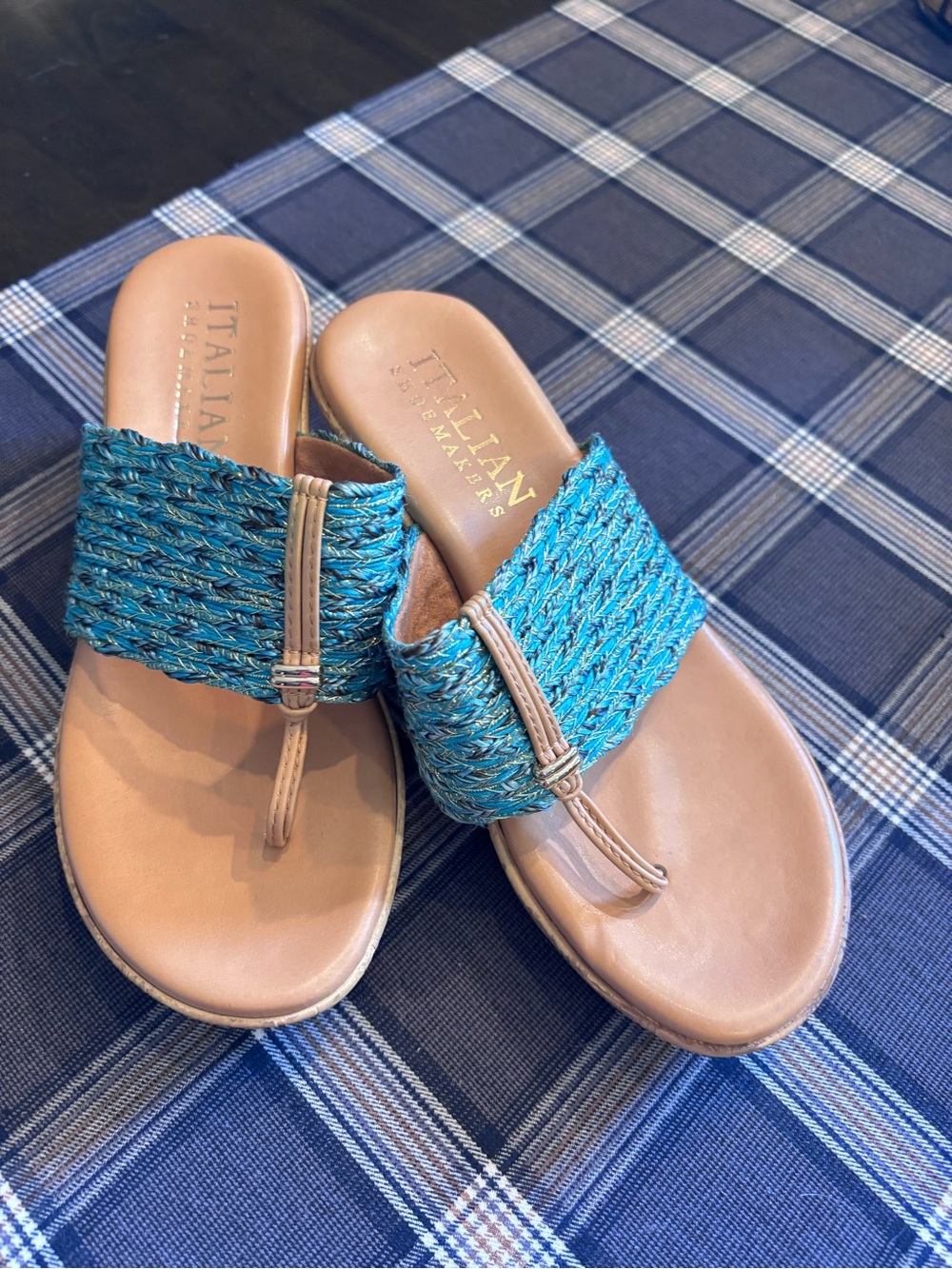 Italian Shoemakers Teal Braided Toe-Post Sandals with Tan Footbed - Picture 3 of 6